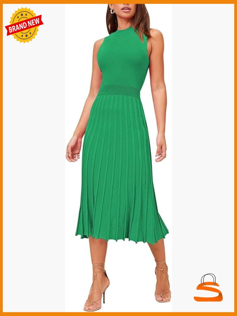 Sleeveless Midi Dress High Waisted Pleated Ribbed Knit Swing
